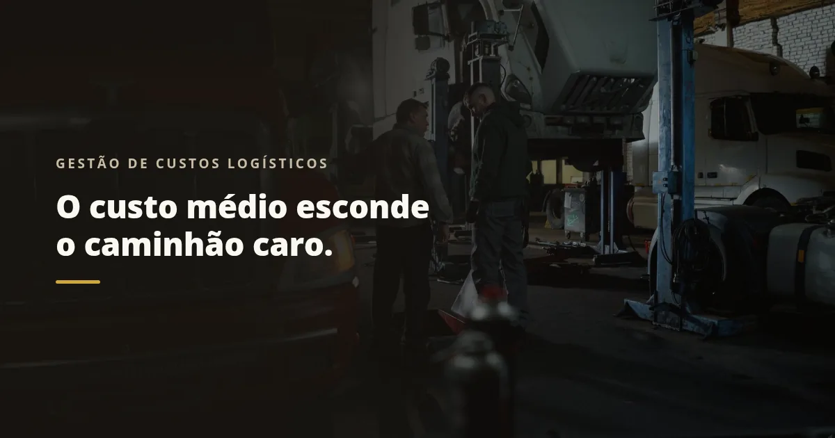 Dois mecânicos avaliam um caminhão erguido na oficina, com outros dois veículos da frota ao fundo